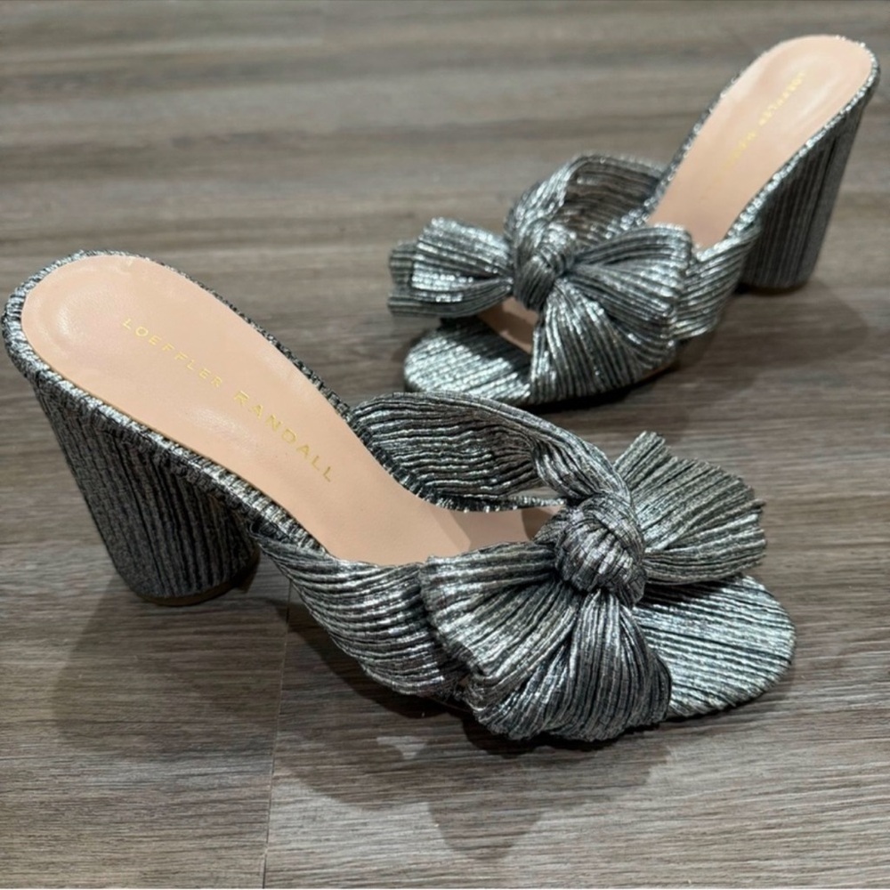 Loeffler Randall Penny Dark Silver Pleated Bow Fabric Sandal Heel Mules - Picture 4 of 9